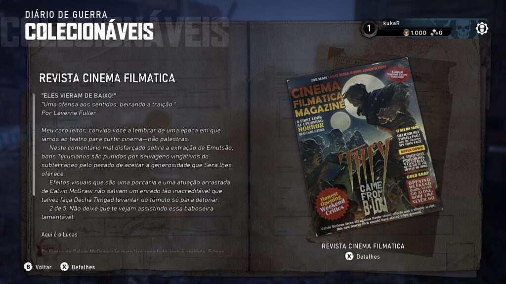 Gears of War: E-Day: colecionávei "Revista Cinema Filmatica" do jogo, exibindo o filme de terror "They Came From B-low" na capa.