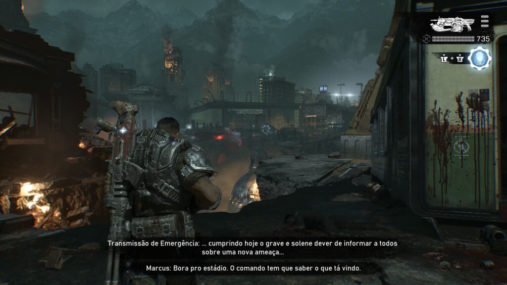 Gears of War: E-Day: Kalona totalmente destruída pelo ataque dos Locust, com uma gravação oficial do governo tocando ao fundo.
