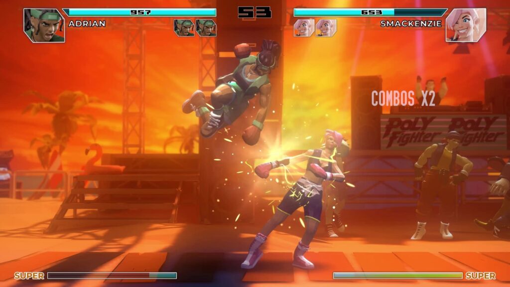 Screenshot de Poly Fighter: lutadores se enfrentam num cenário de praia com um belo pôr do sol ao fundo.
