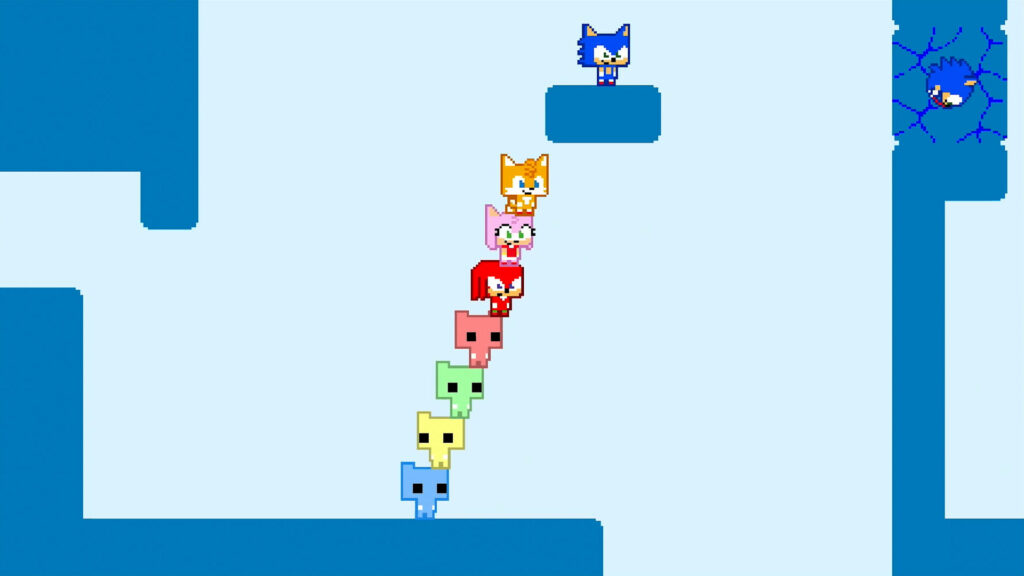 Screenshot de Sonic Pico Park: escadinha com os personagens de Pico Park e Sonic para alcançar o obstáculo de plataforma.
