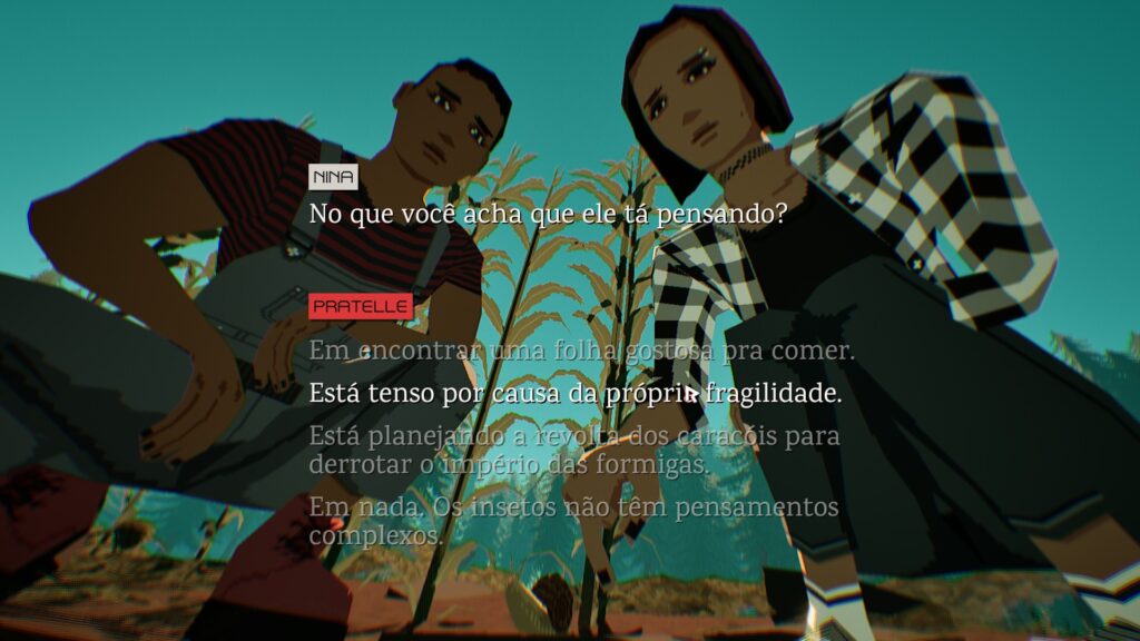 Virtue and a Sledgehammer: diálogo sobre os pensamentos de um simples caracol entre Nina e Pratelle.