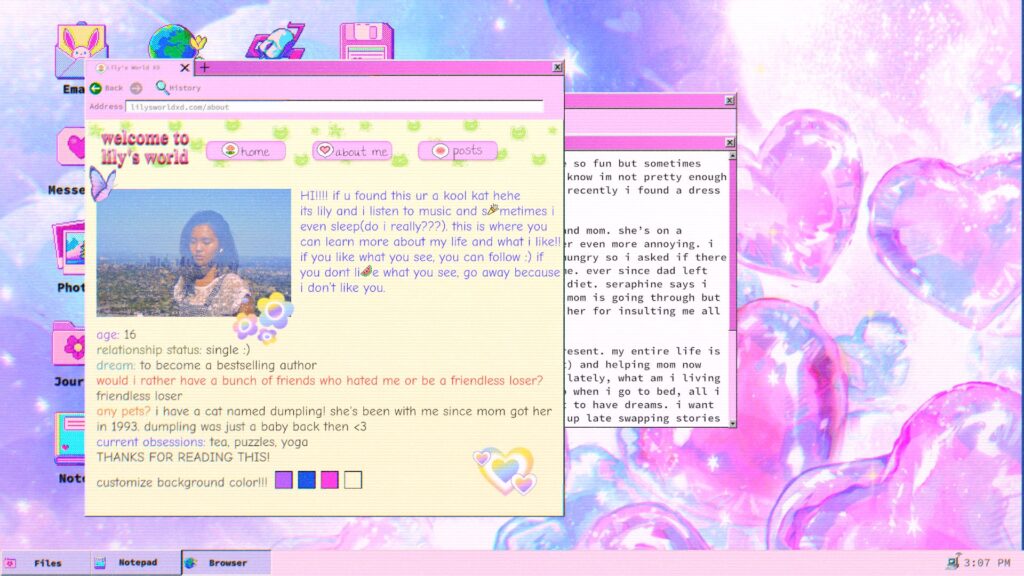 lily's world XD: interface com site/blog pessoal de Lily e algumas coisas que ela escreveu em seu diário, num bloco de notas.