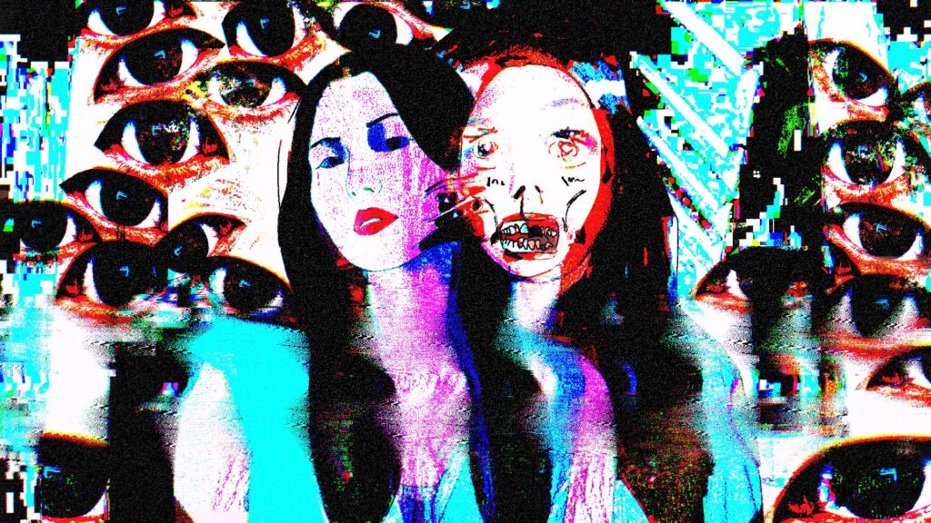 lily's world XD: glicth de tela assombroso, com várias imagens coladas e uma foto de Lily em negativo ao fundo.